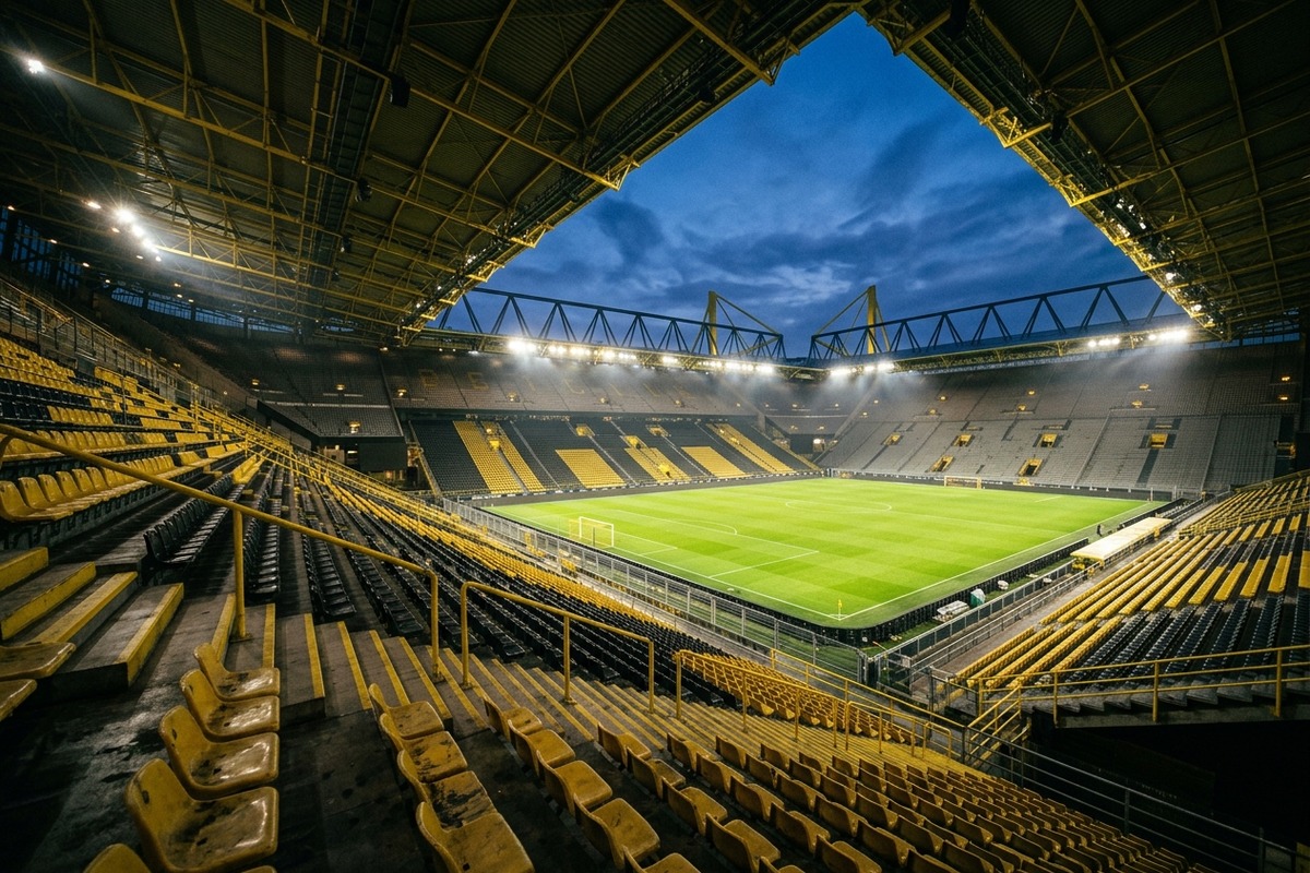 Le Signal Iduna Park illuminé avant un match du Borussia Dortmund.
